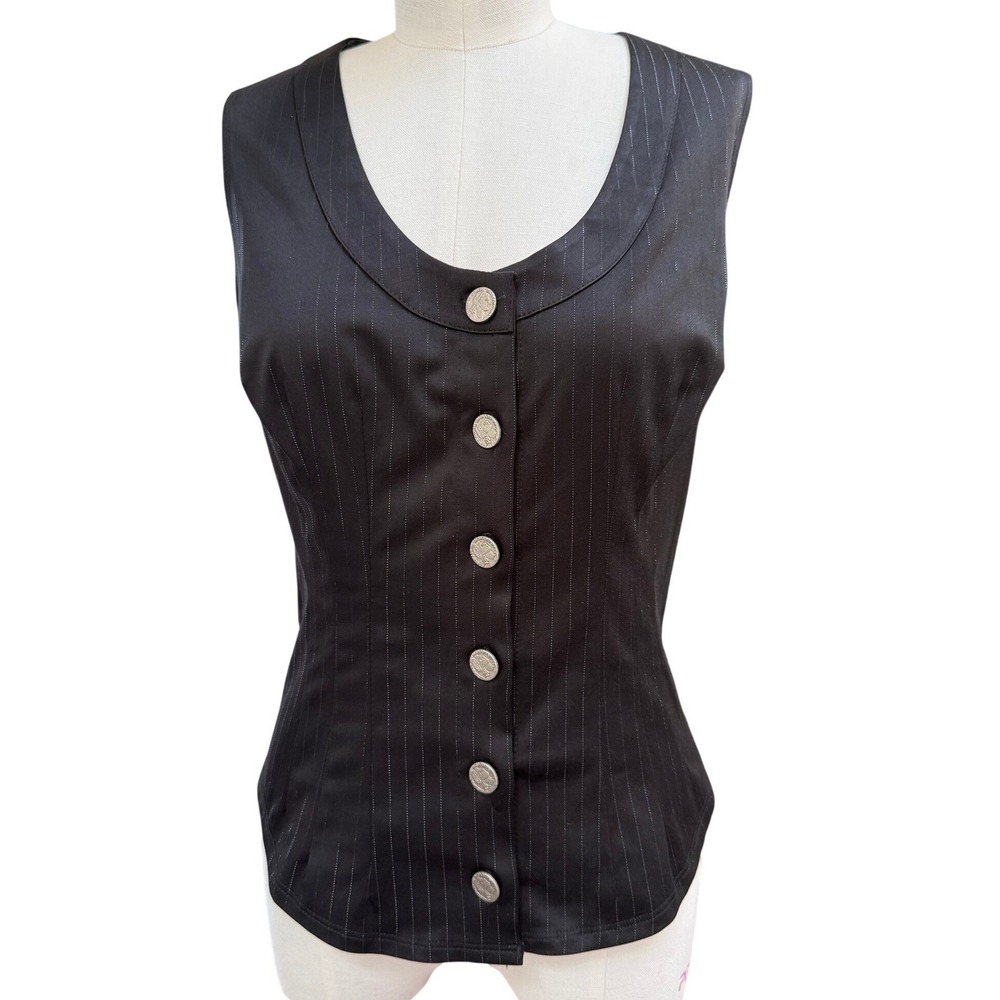 Ann Booth Hoity Toity Vest‎ Silver Coin Button Scoop Neck Tailored Dark Academia